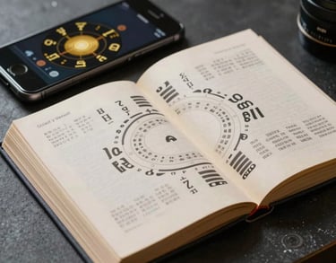 Photography of an open I-Ching book next to a mobile phone with numerology symbols on screen, golden ratio composition, modern mystical desk setting, Global / Western.