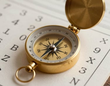 Close-up photography of a golden compass and a handwritten numerology chart on high-quality paper, soft light, sophisticated spiritual study vibe, Global / Western.