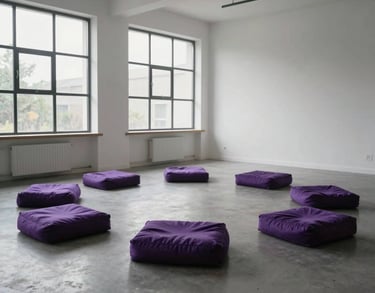 Wide shot of a modern minimalist workshop space with large windows, white walls, and royal purple meditation cushions arranged in a circle, Global / Western.