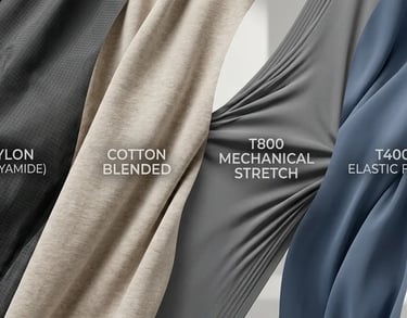 Realistic textile fabric banner showcasing Polyester, Nylon, Cotton, and specific stretch fibers
