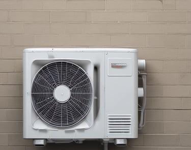 Unidad exterior blanca de aire acondicionado HVAC para climatización del hogar.