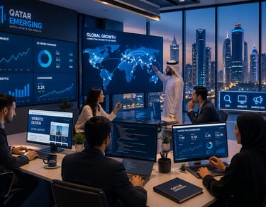 Digital marketing team in a Qatar office analyzing SEO performance and global growth data on large screens.