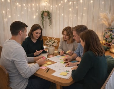 A group of people planning and discussing together at a table with sticky notes.