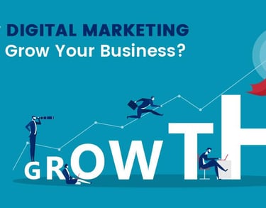 Business growth concept illustration showing digital marketing professionals scaling a large growth sign.