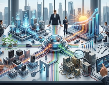 Digital business strategy concept with a team analyzing data visualization and technology innovations in a modern office.