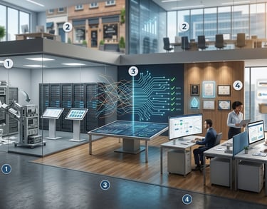 Digital transformation office featuring data server rooms, analytics displays, and a professional team.