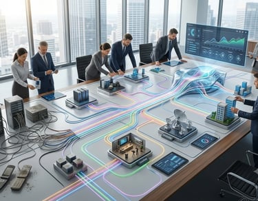 Business professionals analyze a futuristic smart city digital twin model on a high-tech boardroom table.