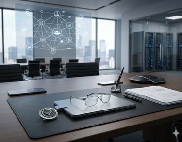 Executive boardroom desk with laptop and digital data network interface overlay in a modern corporate office.