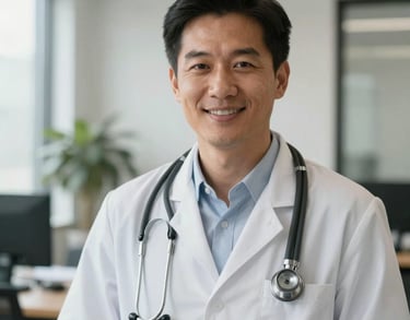 Friendly, approachable male doctor wearing a simple button-down shirt and stethoscope, bright North American / US office setting, trustworthy mood.