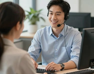 A friendly phone operator assisting a patient, budget-friendly customer service concept, bright North American / US office.