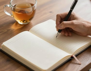 A person writing in a health journal with a cup of herbal tea nearby, affordable wellness concept, North American / US home setting, warm and comforting.