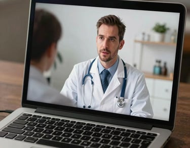 A laptop screen showing a telehealth consultation in progress, affordable healthcare concept, North American / US setting.