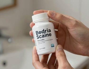 Close-up of hands holding a small, affordable supplement bottle, well-lit indoor environment, North American / US.
