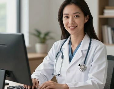 Female consulting doctor in a virtual meeting setup, looking directly at camera with a compassionate smile, North American / US home office.