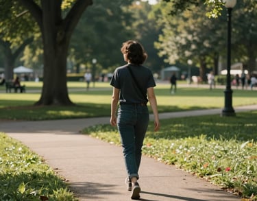 A person enjoying a peaceful walk in a local park, free holistic health activities, North American / US setting.