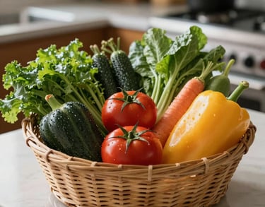 A basket of fresh, affordable vegetables on a kitchen counter, highlighting food as medicine, North American / US setting.