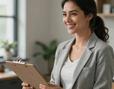 Female health coach smiling warmly, holding a clipboard, wearing casual professional attire, North American / US health center setting.