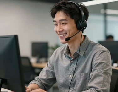 Male support staff member on a headset, smiling cheerfully, modern minimalist office in North American / US.