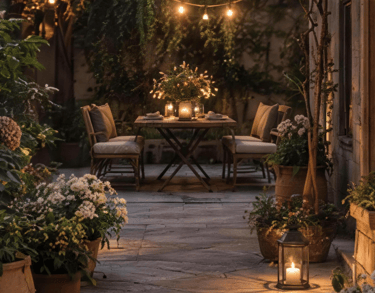 Cozy garden space with soft sunset lighting and relaxed lounge furniture, inspired by warm European outdoor living
