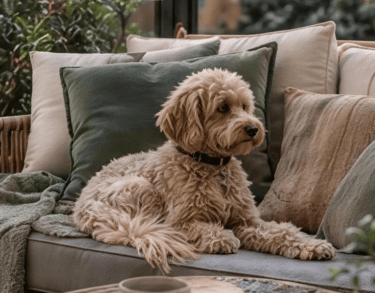 Cozy pet-friendly outdoor corner with calm evening lighting and soft textures, inspired by warm European outdoor living