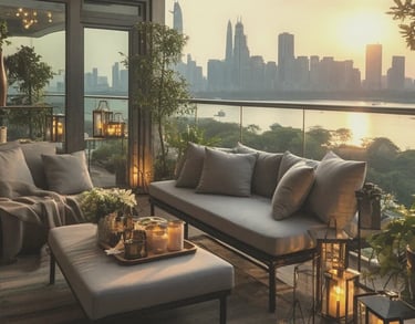 cozy balcony with warm lantern lighting, wooden furniture, and sunset city views for relaxing outdoor living