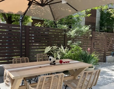 Comfortable garden retreat with outdoor seating, natural greenery, ambient lighting and cozy outdoor lifestyle inspiration.