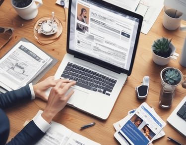 Colorful graphic design elements and creative tools spread across a desk.