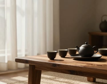 Detail of a traditional tea set on a low wooden table, minimalist Colombian interior, warm sunlight filtering through linen curtains, Wabi-sabi aesthetic.