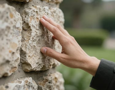 Close-up of a hand touching a weathered stone wall in a garden in Medellín, soft morning light, serene and professional photography, olive green and cream colors.