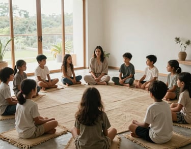 Children sitting in a circle on organic mats in a light-filled room, a teacher guiding a breathing exercise, minimalist Colombian interior, Wabi-sabi style.