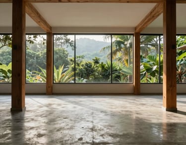 An interior of a minimalist dojo in Medellín, polished concrete floors, warm wooden pillars, large windows facing lush greenery, serene morning light.
