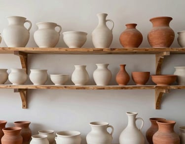 A minimalist, sun-drenched pottery studio in South American / Colombian mountains, showing organic ceramic shapes on a wooden shelf, warm white and terracotta palette, Wabi-sabi style.