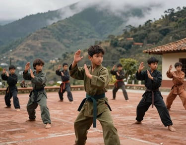 A wide shot of an outdoor Kung Fu session in the Colombian highlands, children practicing with discipline, misty mountain background, terracotta and olive palette.