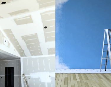 A split image showing home renovation with unfinished drywall and a painted blue wall with a ladder.