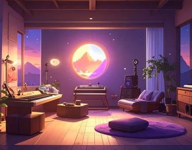 Warm music studio at sunset — synthesizers, speakers and ambient lighting.