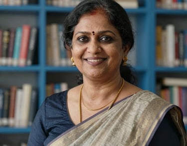 Professional headshot of a South Asian female professor in her 40s wearing a modern formal saree, smiling warmly in a bright office with steel blue bookshelves.