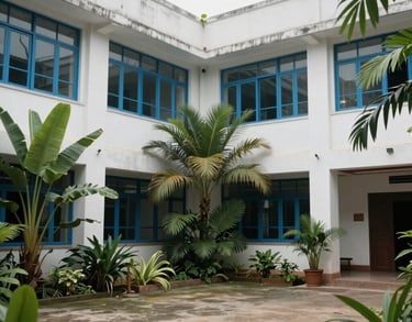 A wide shot of a modern South Asian campus courtyard with lush tropical plants, white walls, and steel blue window frames, radiating a calm atmosphere.