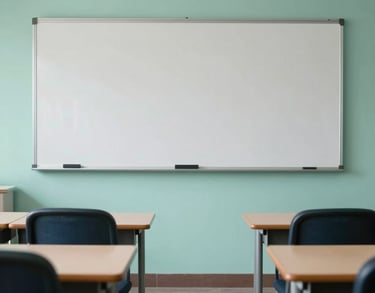 A clean, minimalist classroom in a South Asian academy featuring ergonomic chairs, a digital whiteboard, and mint-colored walls for a calm learning environment.