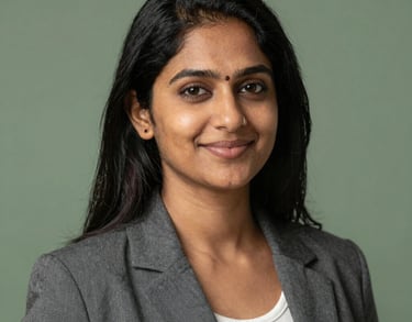 Professional headshot of a South Asian woman with a friendly expression, wearing business casual attire, standing against a sage green background.