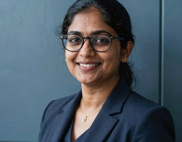 Professional headshot of a South Asian woman with glasses, smiling confidently, wearing a professional blazer, in front of a steel blue wall.
