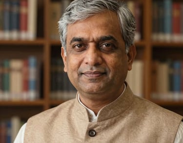Professional headshot of a South Asian male academic in his 50s with grey-flecked hair, wearing a Nehru jacket, standing in a library with warm tan lighting.