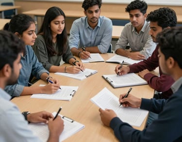 A group of South Asian graduate students in a seminar room, discussing psychology case studies in a bright, modern academic setting with tan wooden furniture.