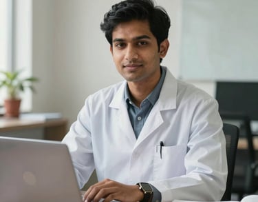 Professional headshot of a younger South Asian male researcher in a tidy office with a laptop and psychology journals, bright natural light.