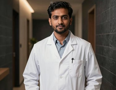 Professional headshot of a South Asian male psychologist in a clinical white coat standing in a modern hallway with dark slate walls and soft lighting.