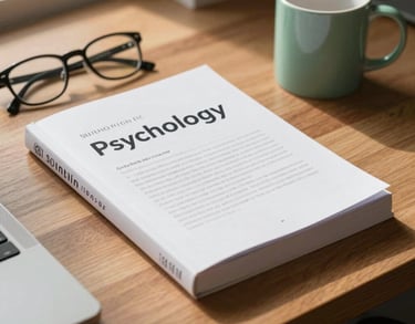 A close-up of a wooden desk in a South Asian office with a psychology textbook, a pair of glasses, and a ceramic mug, bathed in soft morning light with sage green accents.