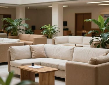 A serene communal area in a South Asian academy with comfortable seating in off-white and tan, indoor plants, and soft, supportive lighting.