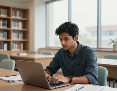 A photography of a South Asian student studying on a laptop in a bright, modern library room with tan and mint-colored upholstery and large windows.