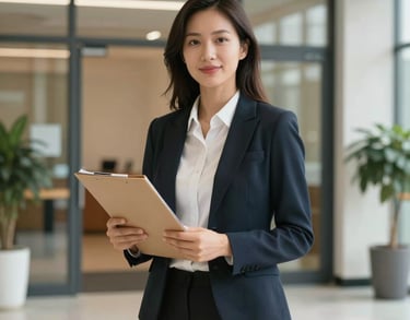 A friendly professional woman in North American business attire, holding a folder, standing in a clean and modern community center entryway.