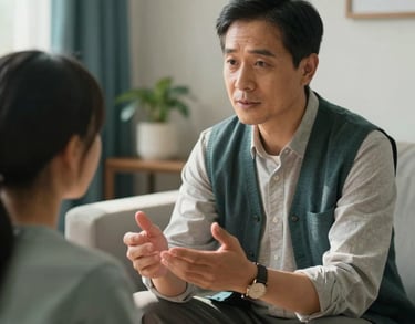 A close-up of a spiritual mentor offering guidance to a young adult in a comfortable, sun-drenched North American counseling office with teal and off-white accents.
