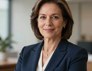 A professional headshot of a mature woman with a kind expression, dressed in a professional navy blazer, North American office setting.